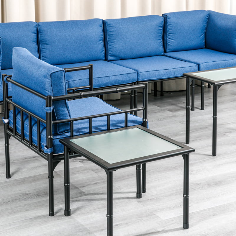 RXOP1 Cuscino blu bracciolo Struttura in bambù con tavolino da tè Set da 7 pezzi Piastra laminata a freddo Set combinato per divano per il tempo libero in stile europeo Mobili da giardino per esterni