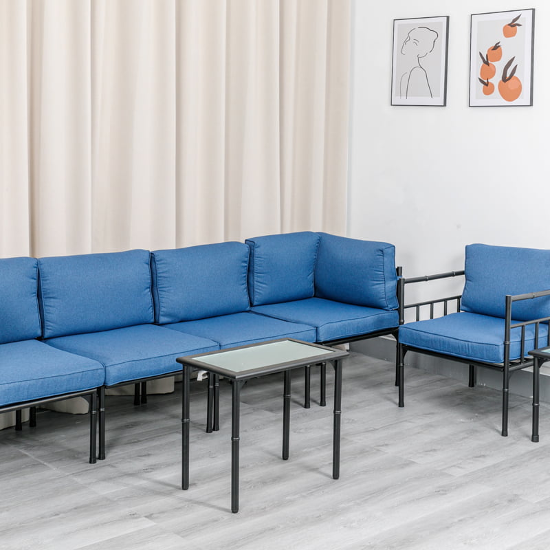 RXOP1 Cuscino blu bracciolo Struttura in bambù con tavolino da tè Set da 7 pezzi Piastra laminata a freddo Set combinato per divano per il tempo libero in stile europeo Mobili da giardino per esterni
